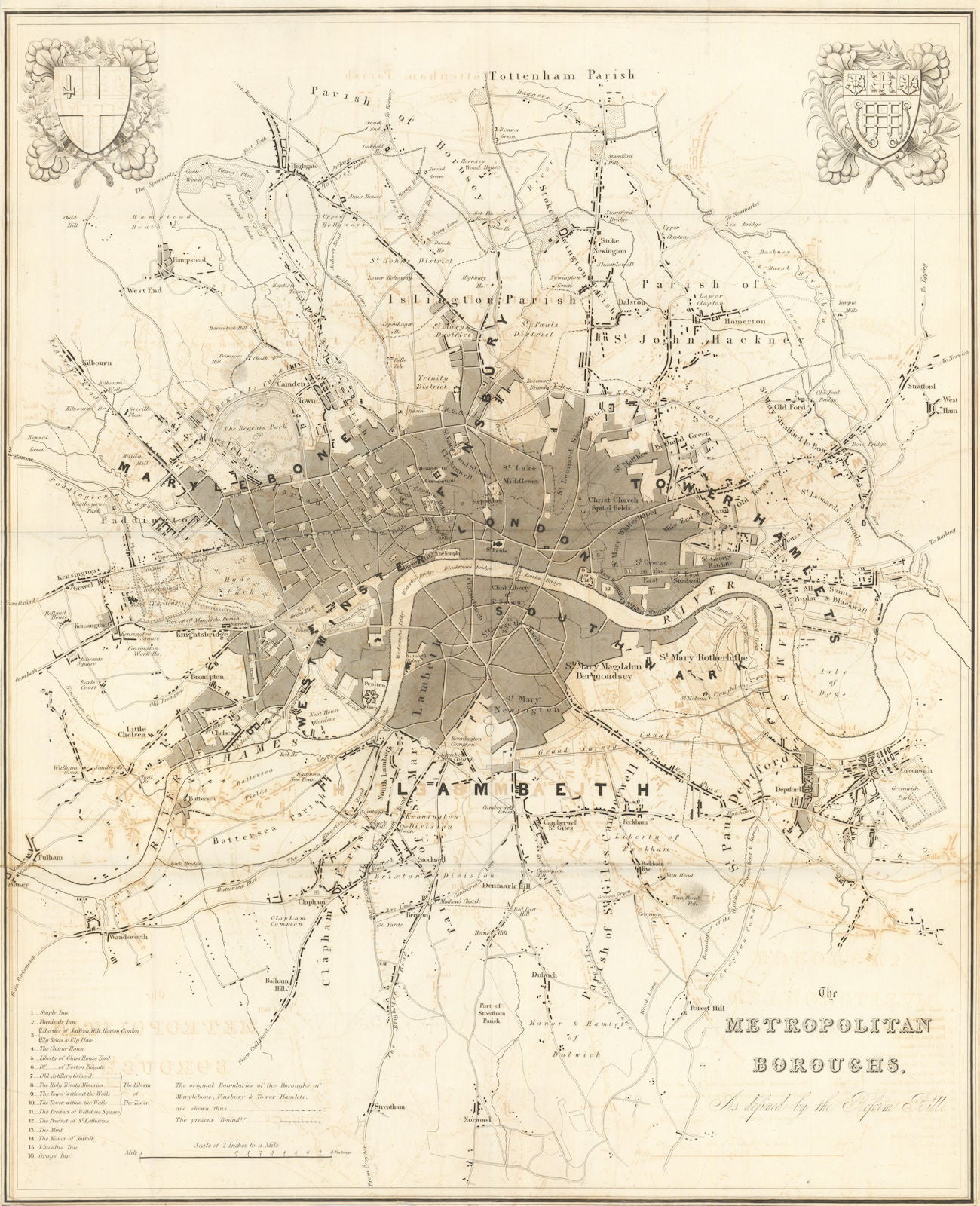 London Metropolitan Boroughs as defined by the Reform Bill. Moule 1837 old map